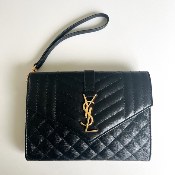 Saint Laurent Monogram YSL-Plaque Quilted Leather Envelope Leather Clutch Pouch - Picture 6 of 12